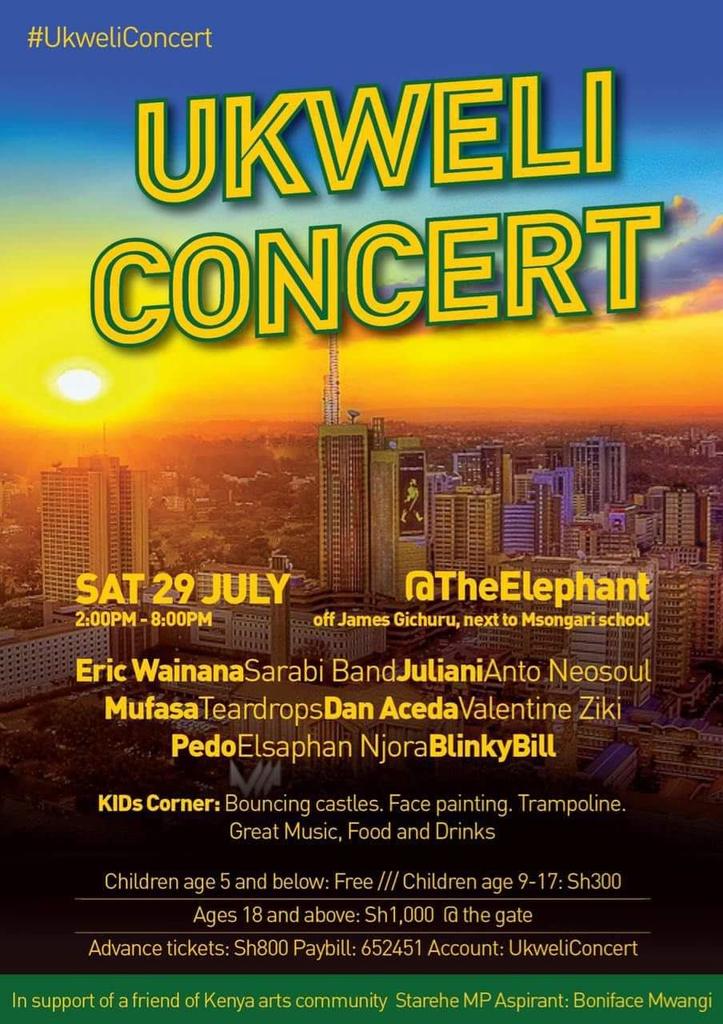 #UkweliConcert taking place this Saturday in support of <a href="/bonifacemwangi/">The People’s Watchman</a>. Artists: <a href="/JulianiKenya/">I am Rex ✊🏾 🇰🇪</a> <a href="/antoneosoul/">Anto Neosoul 🇰🇪</a>  <a href="/danaceda/">Dan Aceda</a> <a href="/EricWainaina/">Eric Wainaina</a>