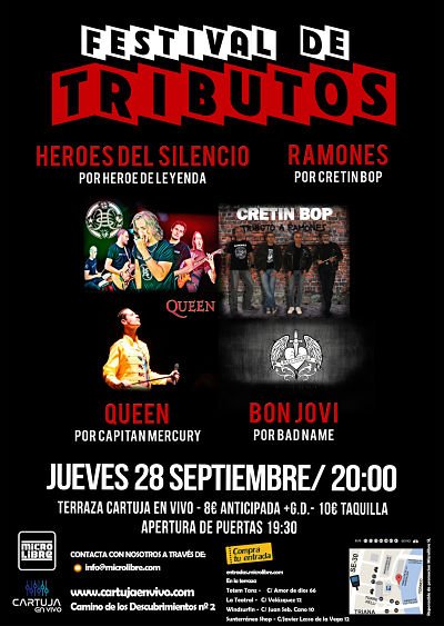 🍁 FESTIVAL DE TRIBUTOS 🍁

QUEEN FOREVER (QUEEN) 
CRETIN BOP (RAMONES)
HEROE DE LEYENDA (HÉROESDEL SILENCIO)
BAD NAME (BON JOVI)