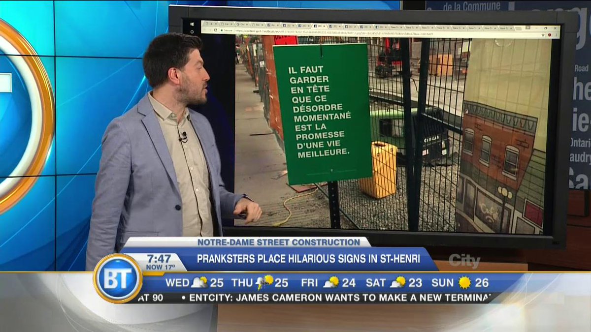 Pranksters place signs at Notre-Dame street construction site https://t.co/8Ct5UGbnGl