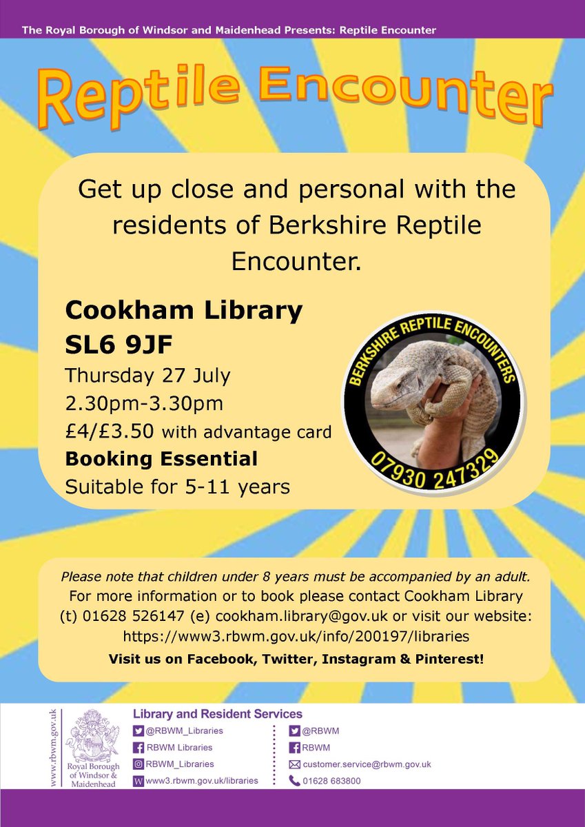 RBWM_Libraries's tweet photo. Enjoy a hands on experience with #BerkshireReptileEncounter this week @ #CookhamLibrary & #DedworthLibrary @rbwm4 #animalagent #reptiles https://t.co/Q2bwaTu47Z