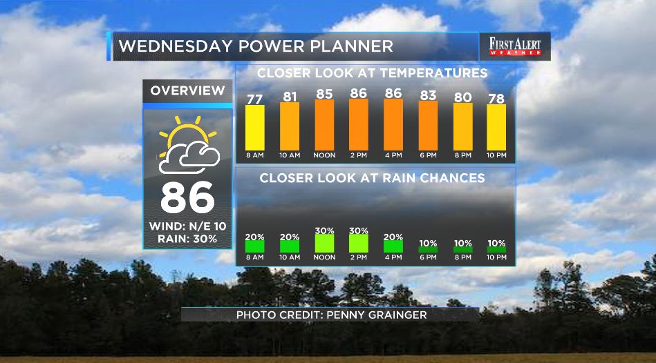 WECTWeather's tweet photo. Your Wednesday #PowerPlanner forecast features east / northeast breezes. Accordingly: highs in the 80s, not 90s. #WECTwx #ilmwx @medwick https://t.co/QXiOJkzPd8