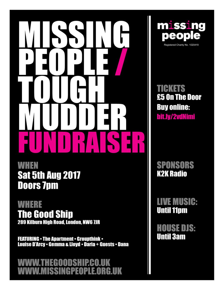 10 days to go until this <a href="/missingpeople/">Missing People</a> fundraising gig <a href="/thegoodshipNW6/">The Good Ship</a> Sat 5th Aug. Tix here: eventbrite.co.uk/e/missing-peop…