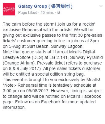 24Kfever's tweet photo. The first 30 presales tix customer who queue @ 11am_Aug 5 at Mcalls Sunway store will get exclusive rehearsal passes !
 
#KwaveMusicFestival https://t.co/XslZfPo98b