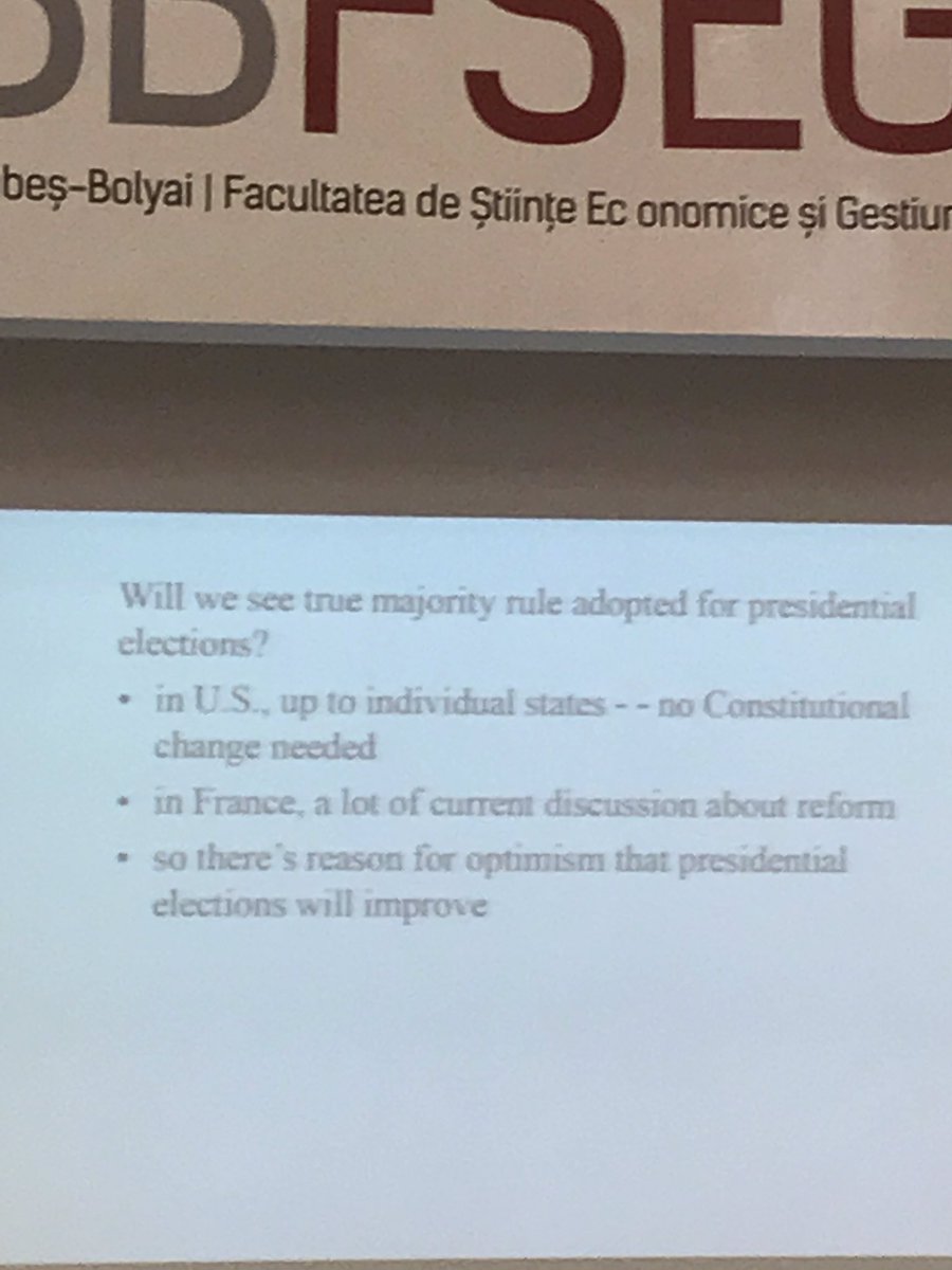 MPacurarM's tweet photo. E. Maskin #ERMAS2017 shows when voters are allowed to provide rankings of candidates, true majority rule is a better way to elect presidents https://t.co/DxXf8Lje3s