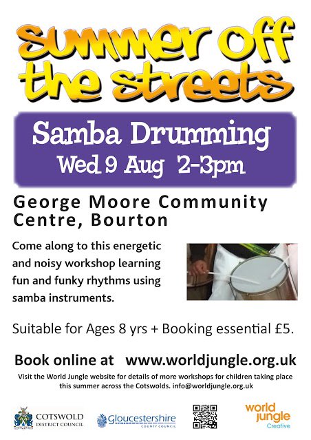 World_Jungle's tweet photo. Get the kids banging the drums in Bourton with our Samba Drumming Workshop on Wednesday 9th August #sambadrumming #makelotsofnoise https://t.co/NVYvna4Fx8