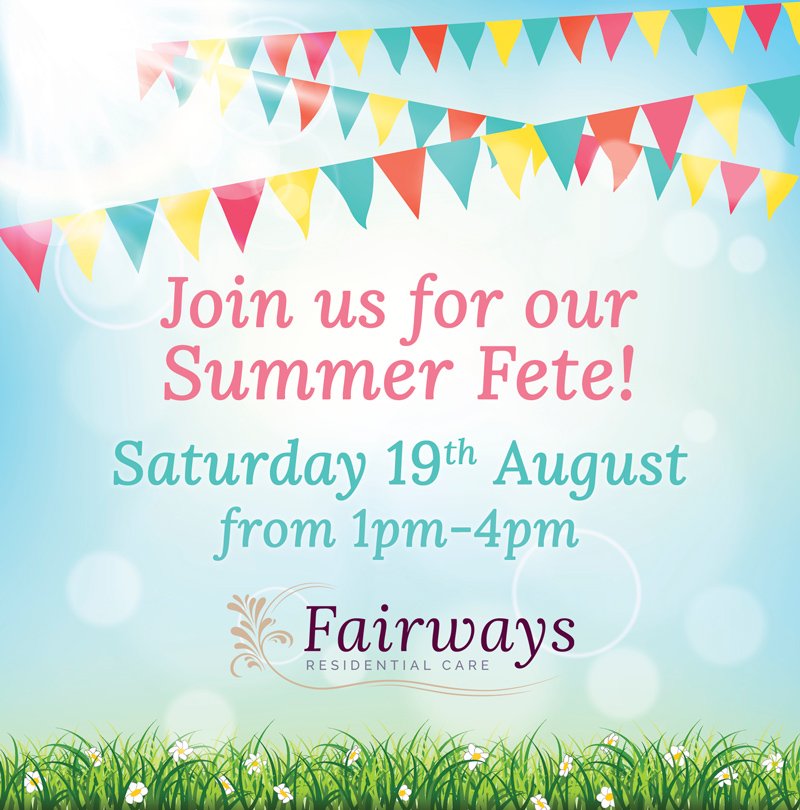 FairwaysHome's tweet image. Come along to our Garden Fete on Sat 19th Aug and enjoy a BBQ, Stalls &amp;amp; lots of Games! 🍔🎳 Also we are raising money for our Activities Fund!