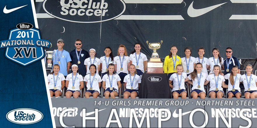 USClubSoccer's tweet photo. The 14-U #NationalCupXVI Finals national champions: @SockersChicago, @NCUnited, @BreakersAcad and @Northern_Steel_. https://t.co/p5fXFS3KXg