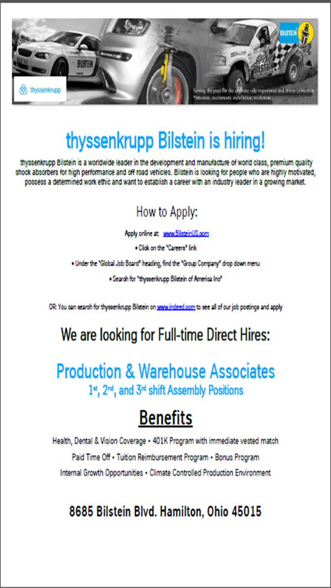 OMJ_Butler's tweet photo. @thyssenkrupp Bilstein is hiring! They are hiring full-time Production &amp; Warehouse Associates. Apply online at: https://t.co/Y3hEFIT8oc https://t.co/iBBmVYUyli