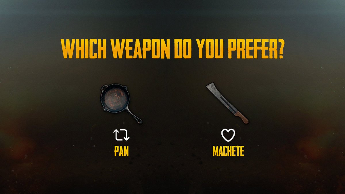 ESLPUBG's tweet photo. Which melee weapon would you rather pick up - pan vs. machete? 🍳 🗡 https://t.co/mpYEp4Yckx