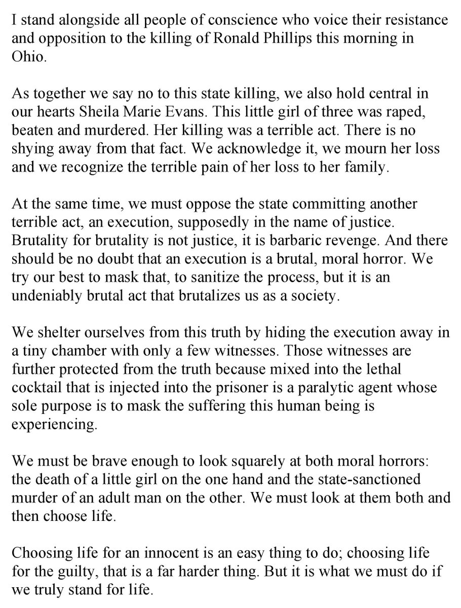 helenprejean's tweet photo. My statement on the execution of Ronald Phillips this morning in Ohio: https://t.co/HitCzjx8bL