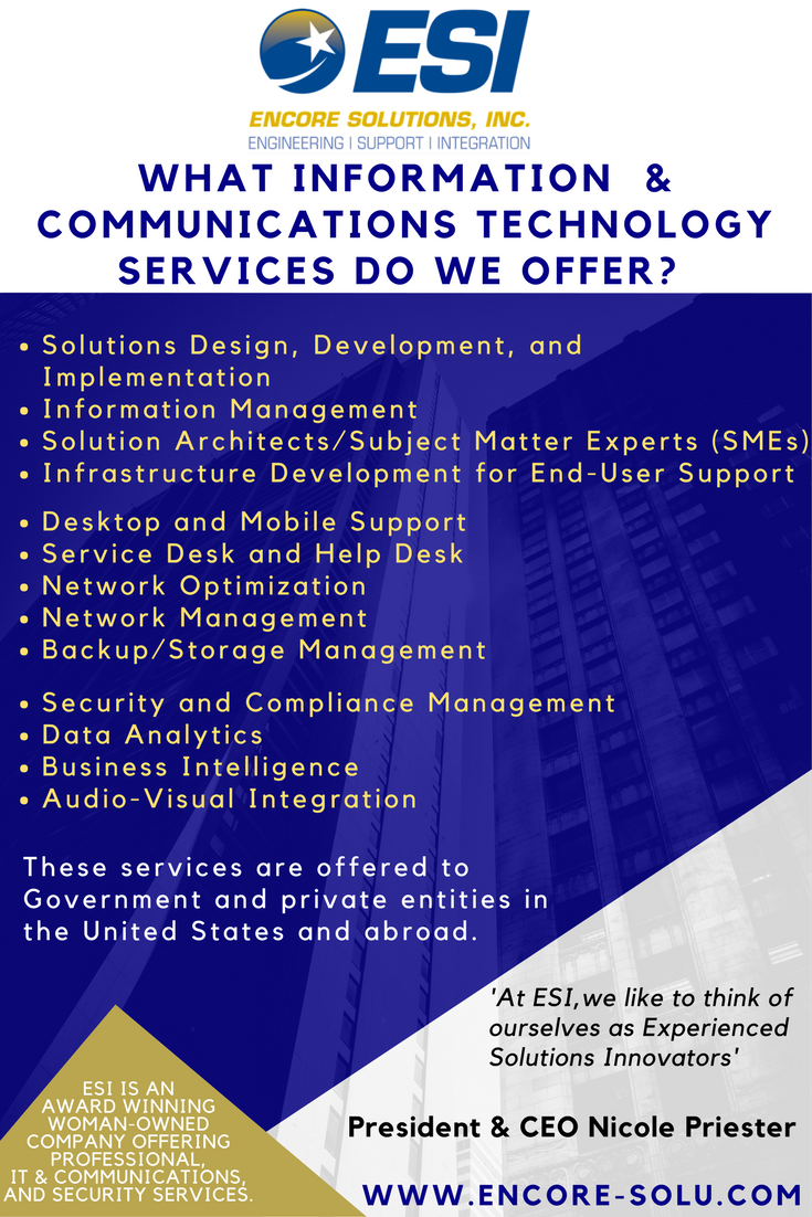 EncoreSoluInc's tweet photo. We offer an array of #Information and #Communications Technology services. Contact us for your next growth opportunity. https://t.co/46DR5FD0aF