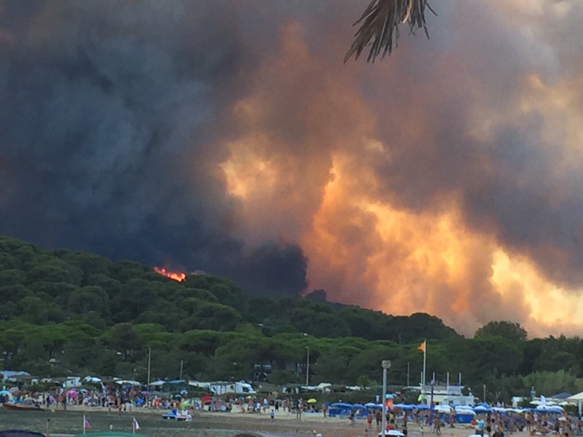 WMO's tweet photo. High temperatures, winds and dry conditions have fueled #wildfires in South of France and Corsica. Many evacuated https://t.co/1B2XaPwEmf