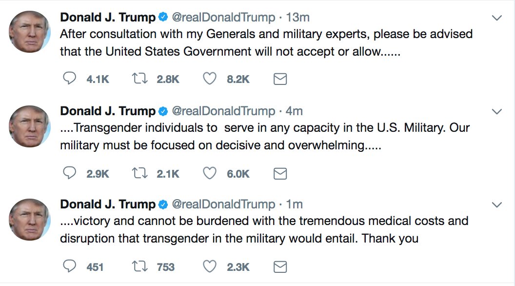 mic's tweet image. BREAKING: Trump has announced a ban on transgender people serving in the military on Twitter.