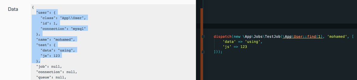 themsaid's tweet image. Laravel Horizon uses a neat JS tool to convert PHP serialzed job objects to JSON format so that it's more readable by a human. 🦄