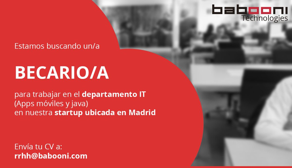baboonitec's tweet photo. ¿Te apetece #trabajar en @baboonitec ?
Envíanos tu #CV: rrhh@babooni.com
#Trabajo #becario #innovacion #apps #java #movil #IoT #desarrolloIT https://t.co/pzwcpOyrUc