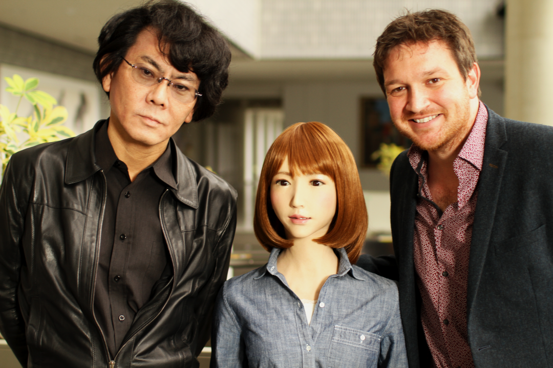 windfall_films's tweet image. Robot creator, Prof. Hiroshi Ishiguro, with female robot “ERICA” &amp;amp; presenter @Ben_garrod. Watch 9pm tonight on @BBCFOUR #RobotsBBC