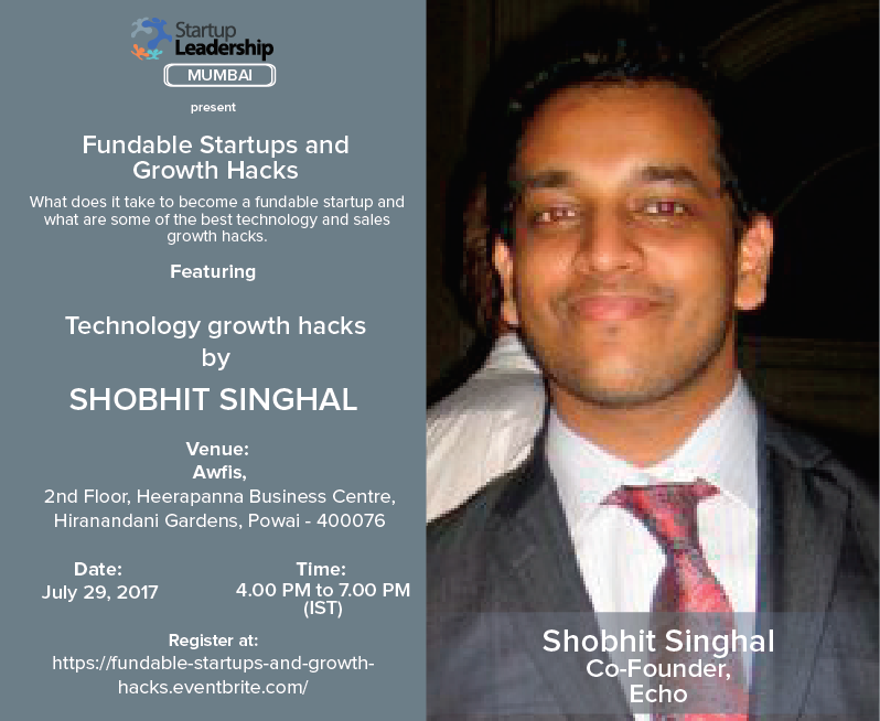startlead's tweet image. Maker of @echoplans Shobhit Singhal to share technology #growth #hacks for #startups at #SLP #Mumbai event @myawfis
…rtups-and-growth-hacks.eventbrite.com