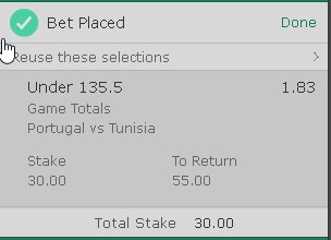 Ciaooooo!

Internazionale Pallacanestro
19:30h Portogallo vs Tunisia 
Meno di 135.5 punti
Stake 1 
Sito bit.ly/MS_BET