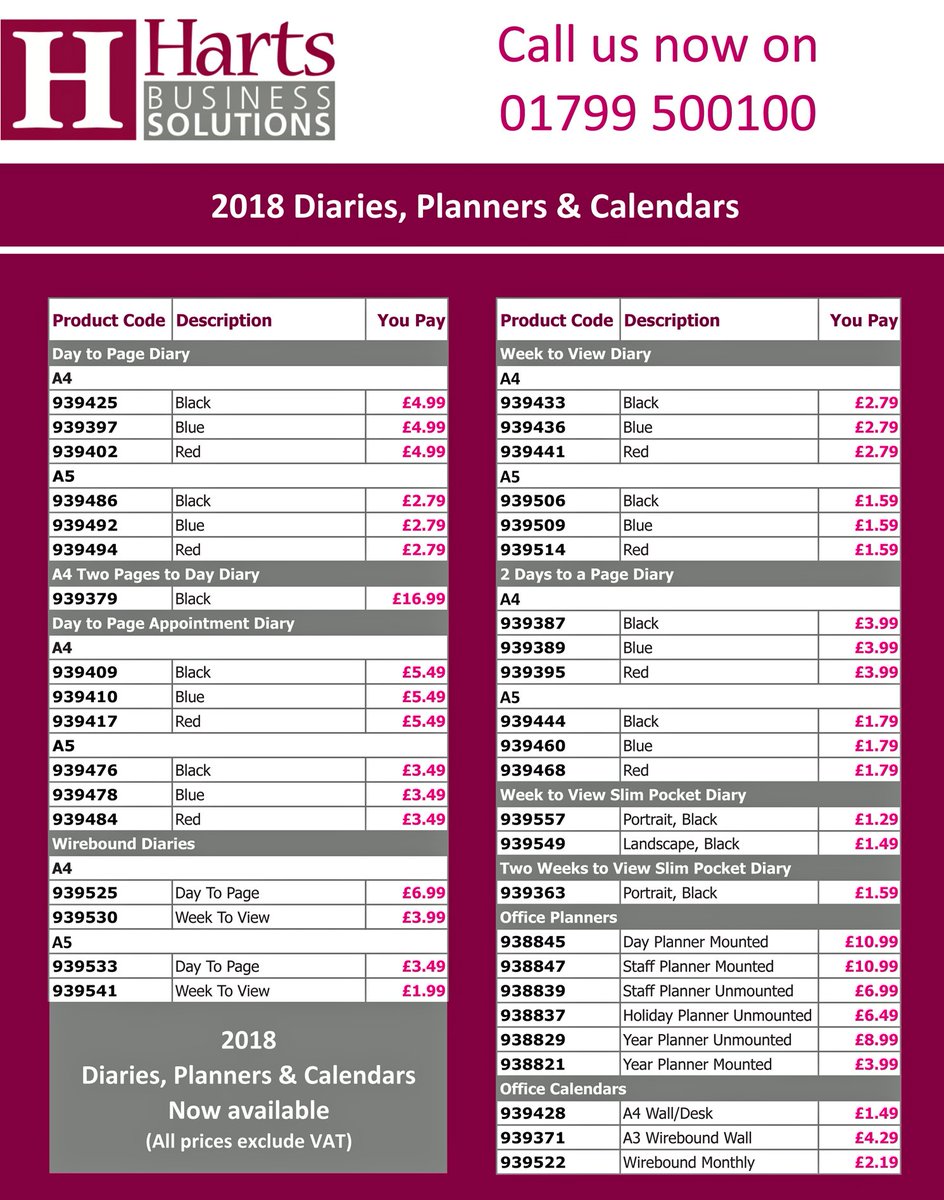 HartsSolutions's tweet photo. Hurry! 2018 Diaries, Planners &amp; Calendars now in stock. Order now! Product codes &amp; quantities to: sales@harts1836.co.uk or call 01799 500100 https://t.co/q53586tM34