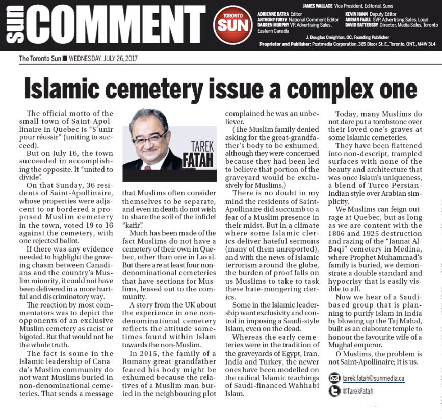 TarekFatah's tweet photo. If Muslims hv no problem SArabia bulldozing the cemetery of Prophet Muhammad, then y fret at Quebec 4 denying us one?https://t.co/xypr44WKmC https://t.co/j6izwDY1rA
