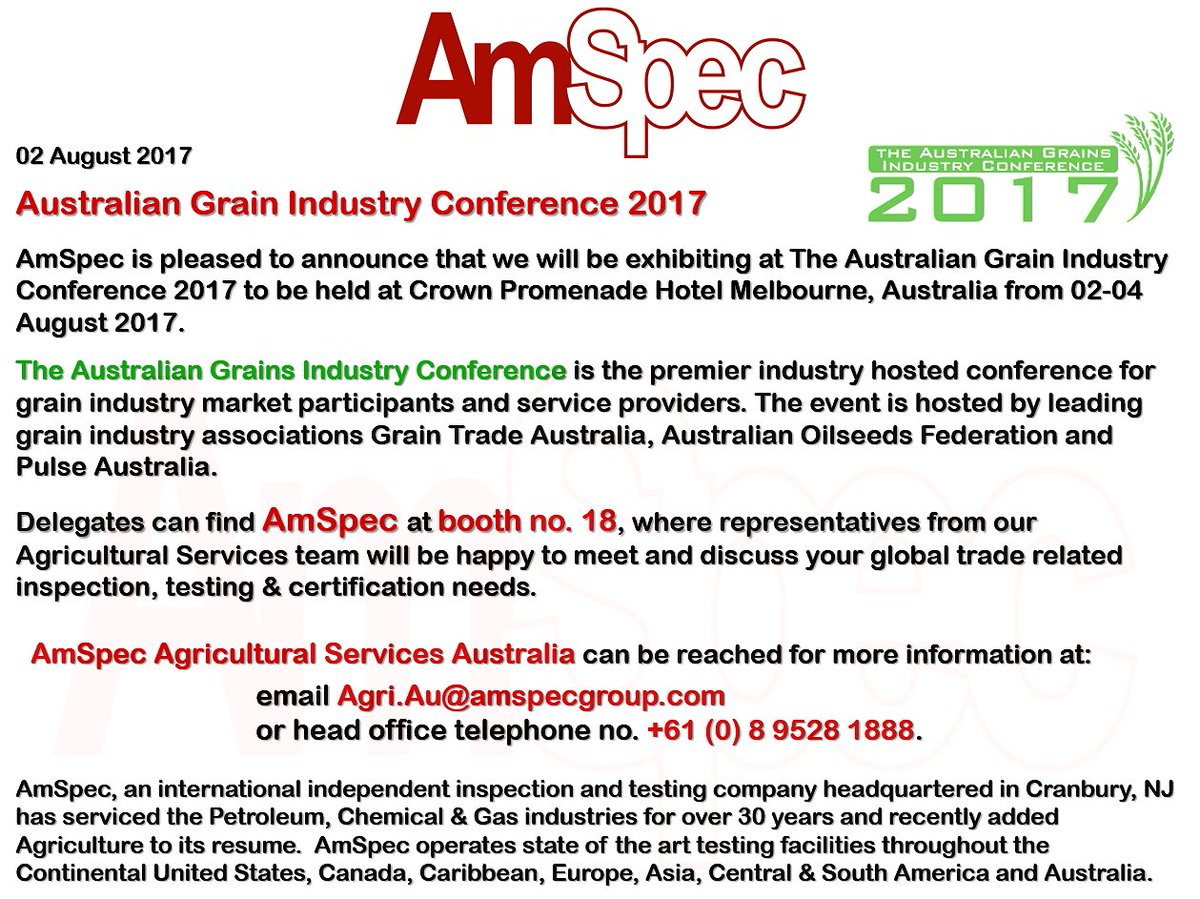 AmSpec_Group's tweet photo. 02 August 2017
Australian Grain Industry Conference 2017
AmSpec will be exhibiting at the Australian Grain Industry Conference. https://t.co/UYa3CBtqn0
