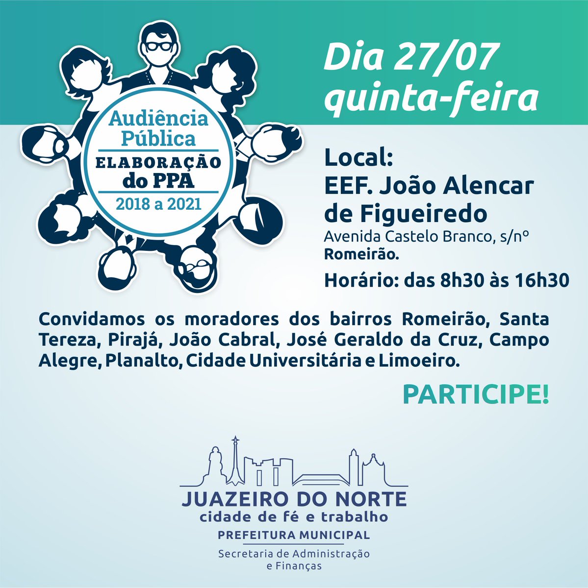 prefjuazeiro's tweet photo. Começa a elaboração do Plano Plurianual de Juazeiro do Norte. A população também pode participar e contribuir com a construção do projeto. https://t.co/xNnJvn0Rfu