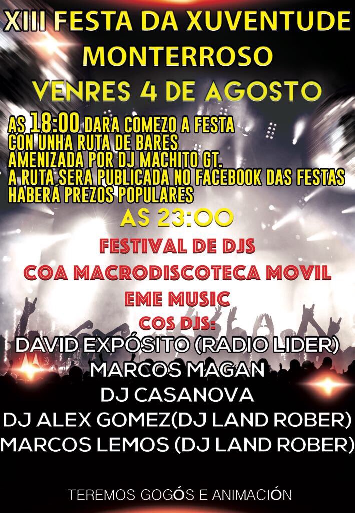 eMeMUSIC_DMOVIL's tweet photo. El viernes día 4 de Agosto estaremos en la XIII FESTA DA XUVENTUDE DE MONTERROSO 
#MONTERROSO2017
#ememusic2017 #haiquemallar https://t.co/2FkQlJJWOl