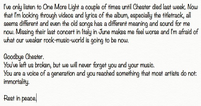 PaulLewisNox's tweet photo. In loving memory
#RIPCHESTER https://t.co/iPIirbcGij