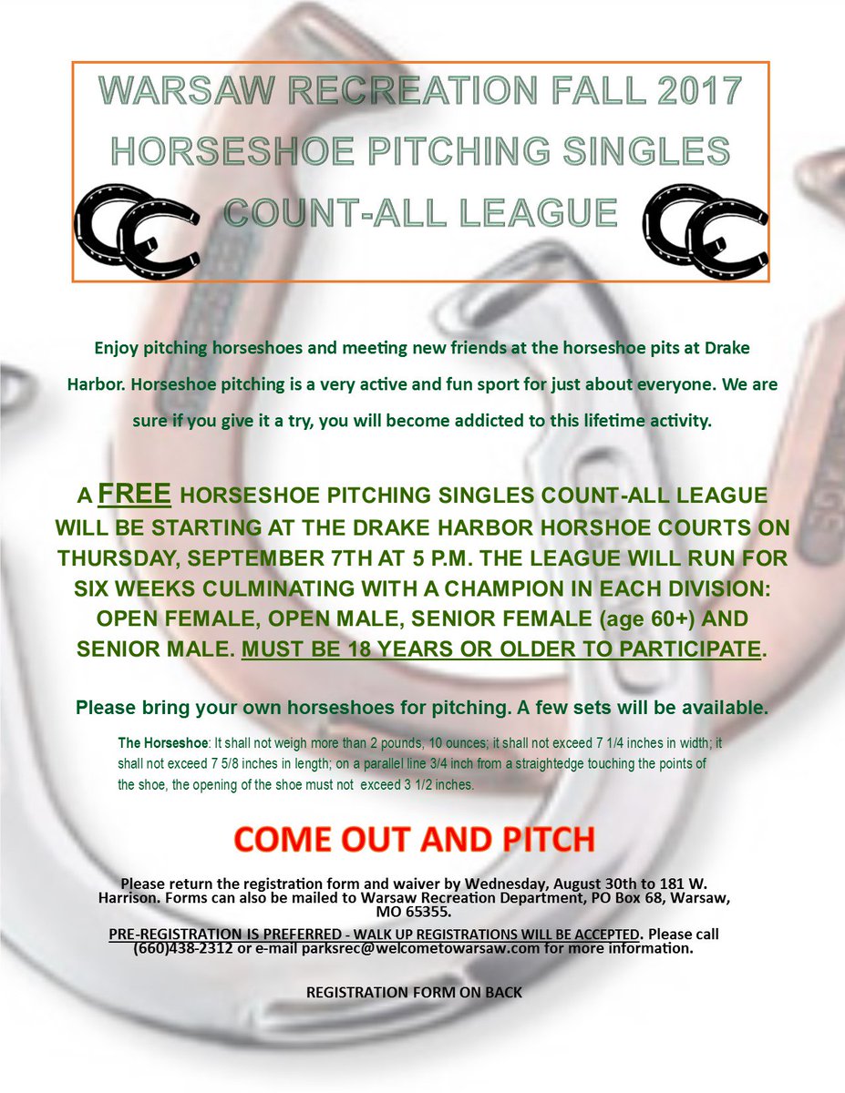 warsawrec's tweet photo. Fall Horseshoe Pitching Singles Count-All League. Come out, pitch, and meet new friends! Registration ends Aug 30. League starts Sept 7th. https://t.co/VWeYXRMvgC