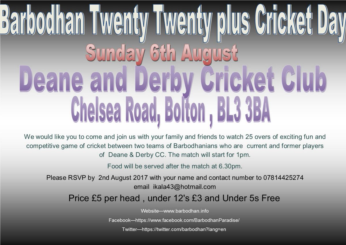 barbodhan's tweet photo. #Barbodhan 20/20 +, Cricket Fun Day
Sunday 6th August 2017 #Bolton
Share with families, let organisers know so food arrangements can be made https://t.co/RL9Uzog4Fo