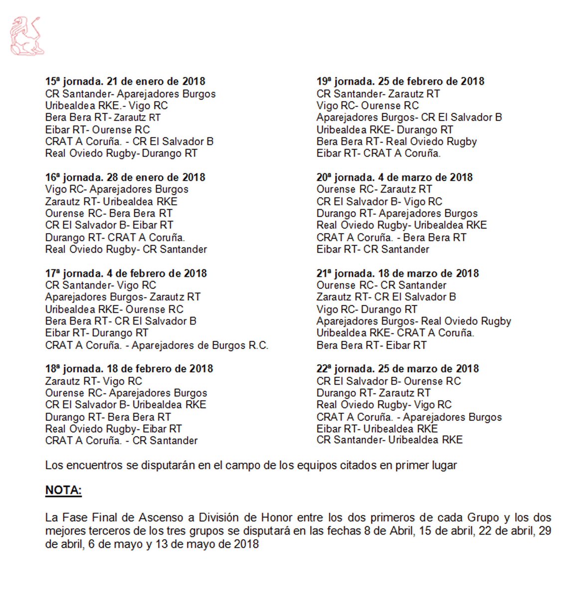 Blogderugby's tweet photo. Calendario de #DHBrugby del Grupo Norte @ferugby #rugby #somosrugby #haztergbier https://t.co/AWno7uTb8R
