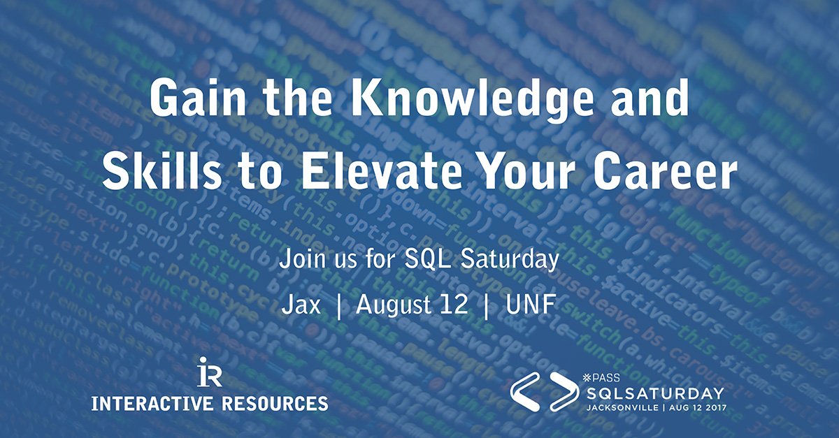 IR_talent's tweet image. Jacksonville friends - we're excited to sponsor the 10th annual SQL Saturday, a FREE training event! Register here: bit.ly/2h3oZEf