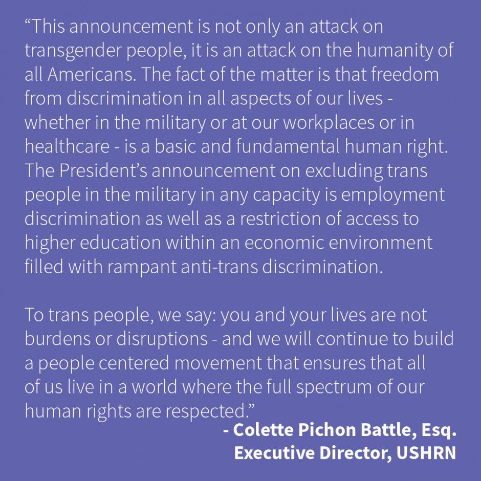 jstlouis_USHRN's tweet photo. USHRN Statement on the Trump's call to ban trans people from the US military. https://t.co/iCjqgvrs7j #TransRightsAreHumanRights https://t.co/ovsZzRhALr