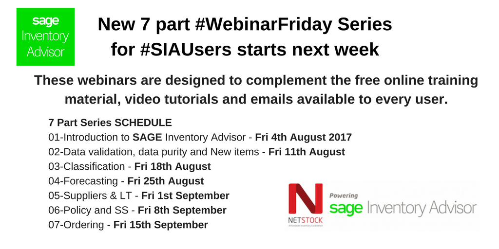 SageInvAdv's tweet photo. Exciting times for #SIAUsers. Our new #free series of #webinars for our users starts next week. Friday's 12pm GMT+2:00. #SaaS #Inventory https://t.co/FOhkc8Nuq1