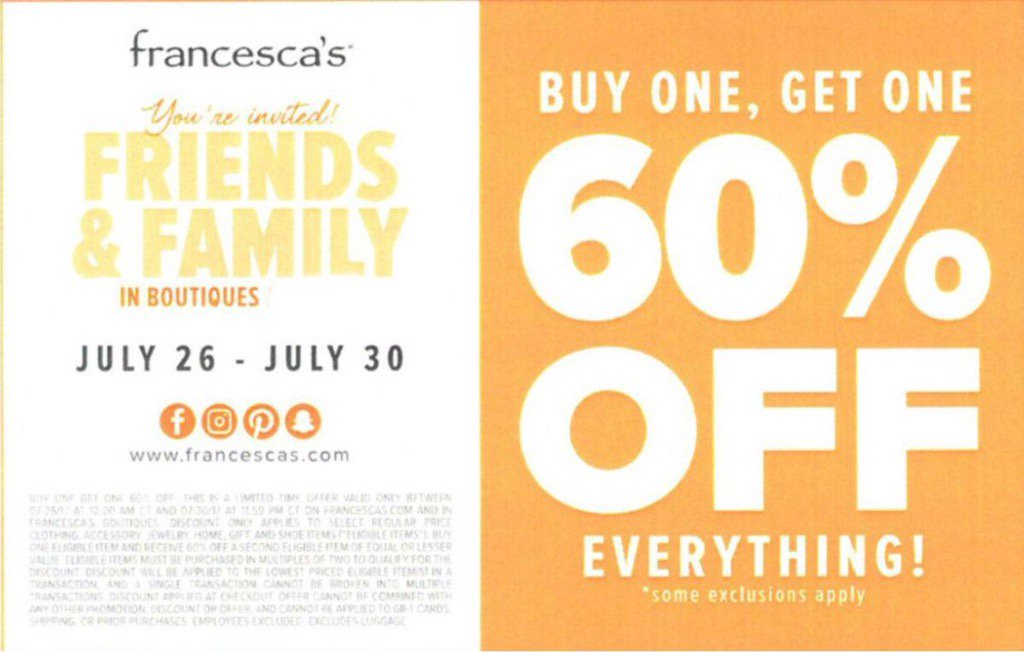Charleston Town Ctr. (@charlestontc) on Twitter photo Friends and Family starts today <a href="/francescas/">francesca's®</a> tag someone who should take advantage of this sale! #backtoschool Friends and Family starts today <a href="/francescas/">francesca's®</a> tag someone who should take advantage of this sale! #backtoschool