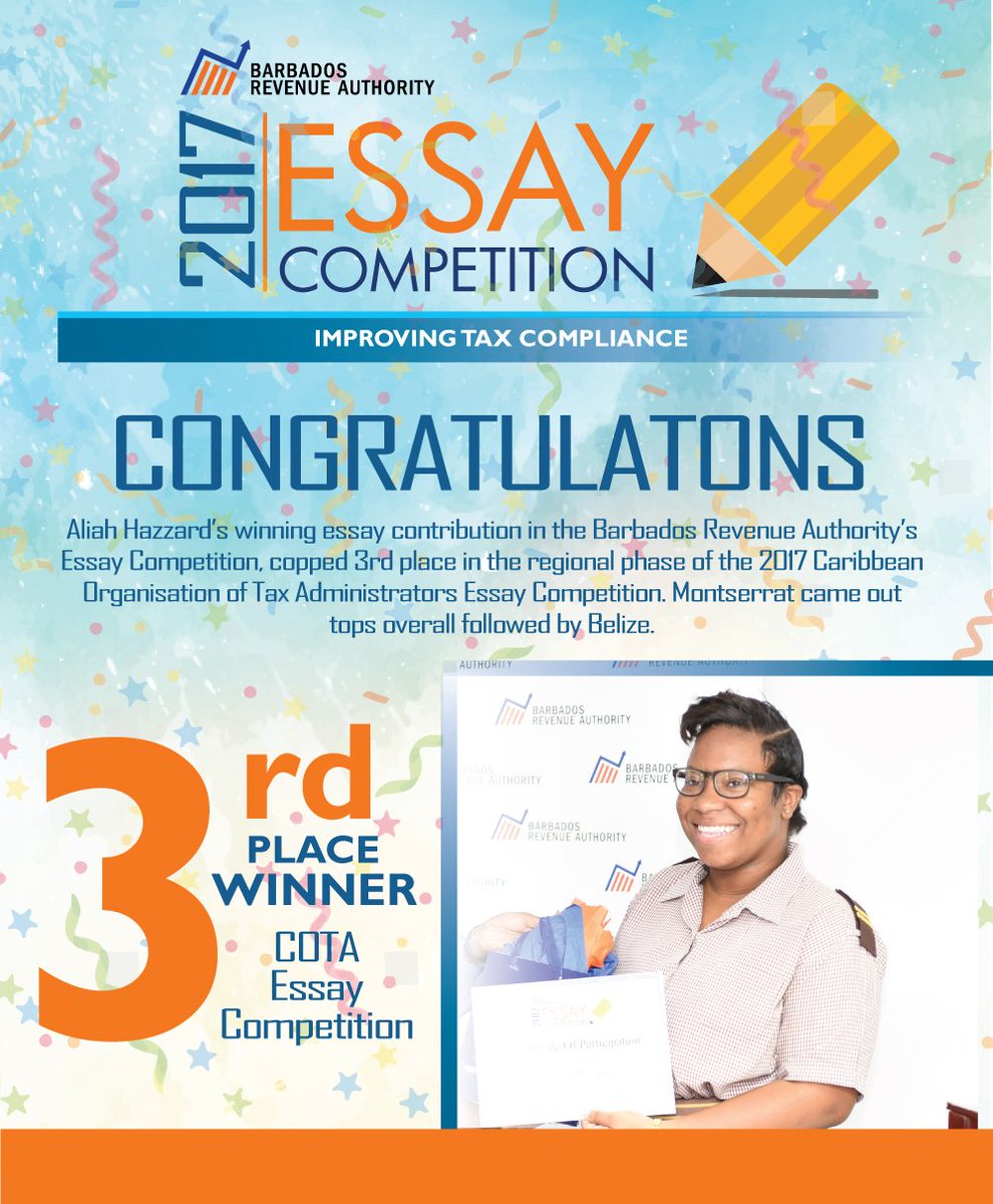 barbadosrevenue's tweet photo. Barbados Places Third in 2017 Caribbean Organisation of Tax Administrators Essay Competition!
#COTA #TaxAdmin #BRA #EssayCompetition https://t.co/Mra51tvWvo