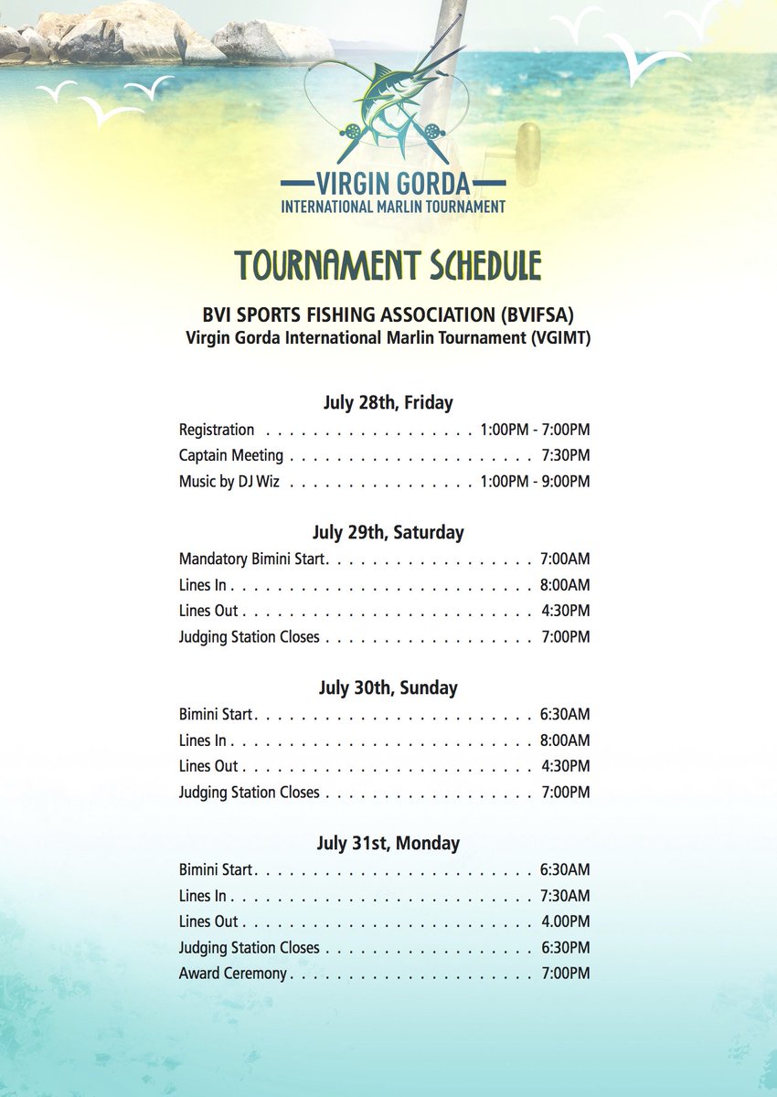 VGMarlin's tweet photo. Check out the Tournament Schedule for this year's VGIMT! 🎣 #VGIMT #VGMarlin #July28 #BVI https://t.co/MVmj5XtXY8