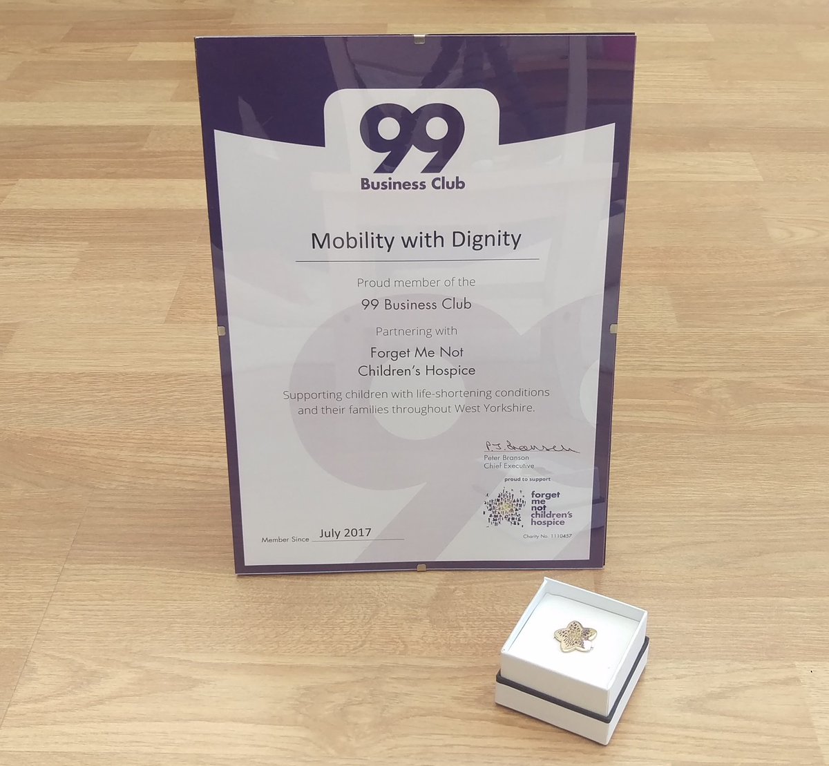 MobilityDignity's tweet photo. Big thank you @SammieFMNCH @forgetmenotbiz @ForgetMNotChild for our 99'ers Certificate and Pin. V.proud to be supporting such a great cause https://t.co/m5TZFpdcZb