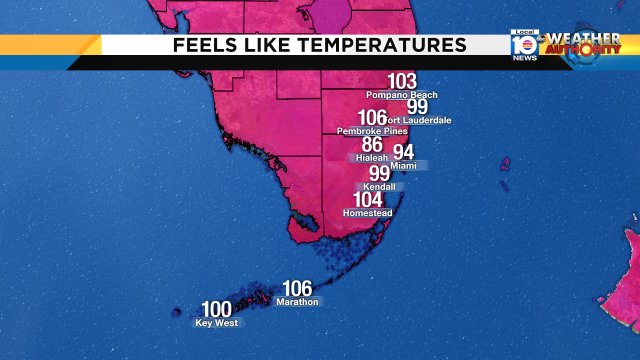 Here is a look at the Feel Like Temperatures at Noon. Watch Local10 Meteorologist Julie Durda for more. https://t.co/43pq3mYilm