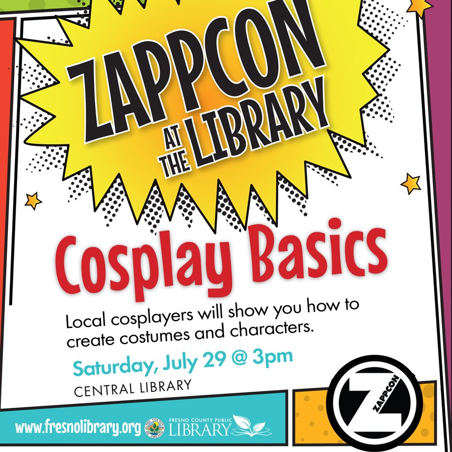 FCPL's tweet photo. #Zappcon at @FCPL: Cosplay Basics - Central, Sat.! Bring your Qs &amp; seasoned cosplayers will share their knowledge w/ you! #fandom #costumes https://t.co/46L5FVyRkE