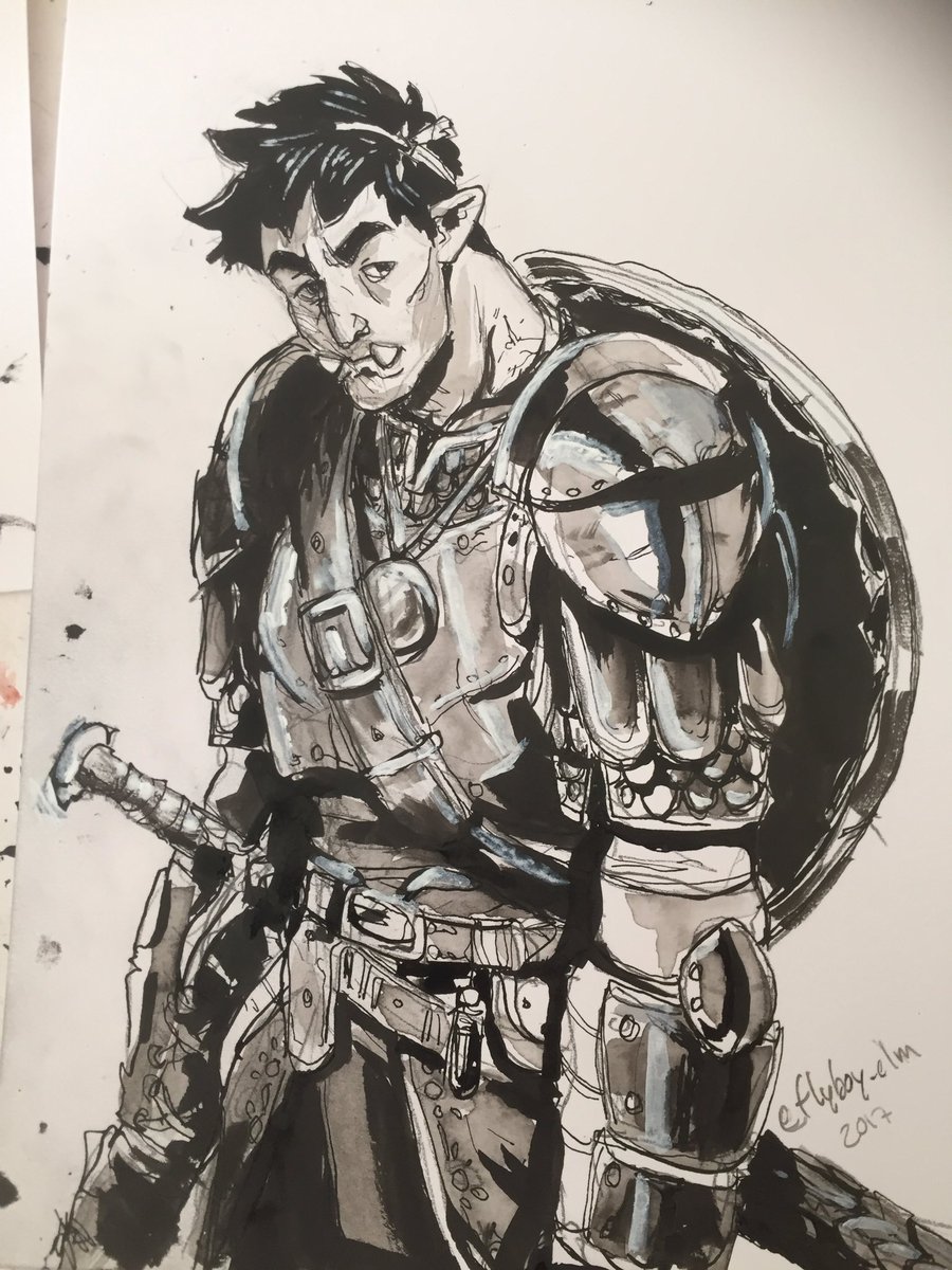 flyboy_elm's tweet photo. Ink drawing of my half orc paladin, getting pretty comfortable with my left hand! #dnd #dungeonsanddragons https://t.co/pOZd9yTRir