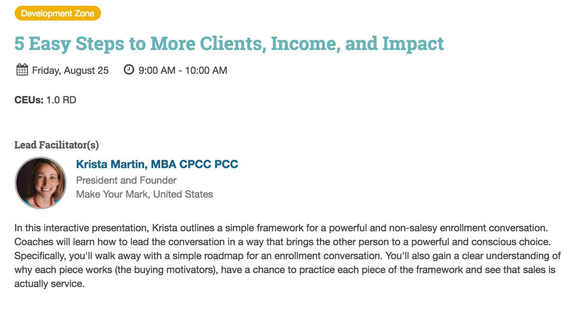 mymcoaching's tweet photo. Check out my session at #ICFConverge where I’m sharing the 5 Easy Steps to More Clients, Income and Impact! Register https://t.co/vwkxuySHhL https://t.co/yK82Llh1Lm