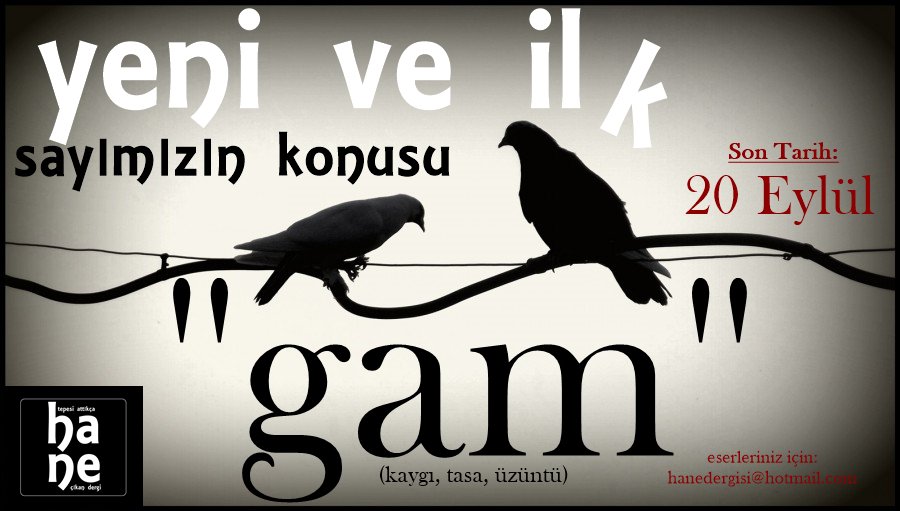 ''Duvarı nem, insanı GAM yıkar derler.. ''

Yeni ve ilk sayımız için eserlerinizi yollayacağınız son tarih 20 Eylül..