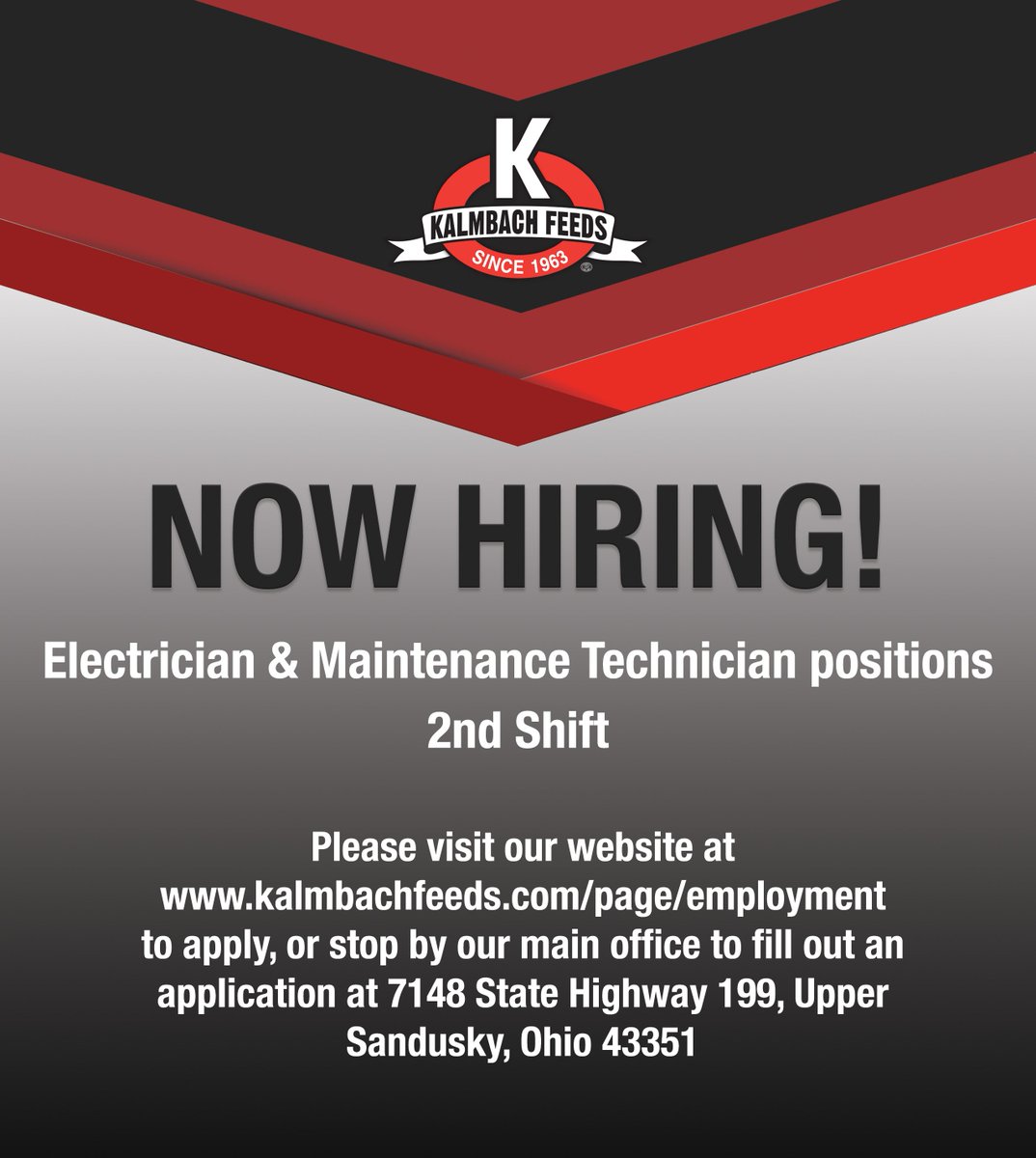 Kalmbach Feeds is looking for 2nd-shift Electrician and Maintenance Technicians! Apply now to be a part of our team! #KFI