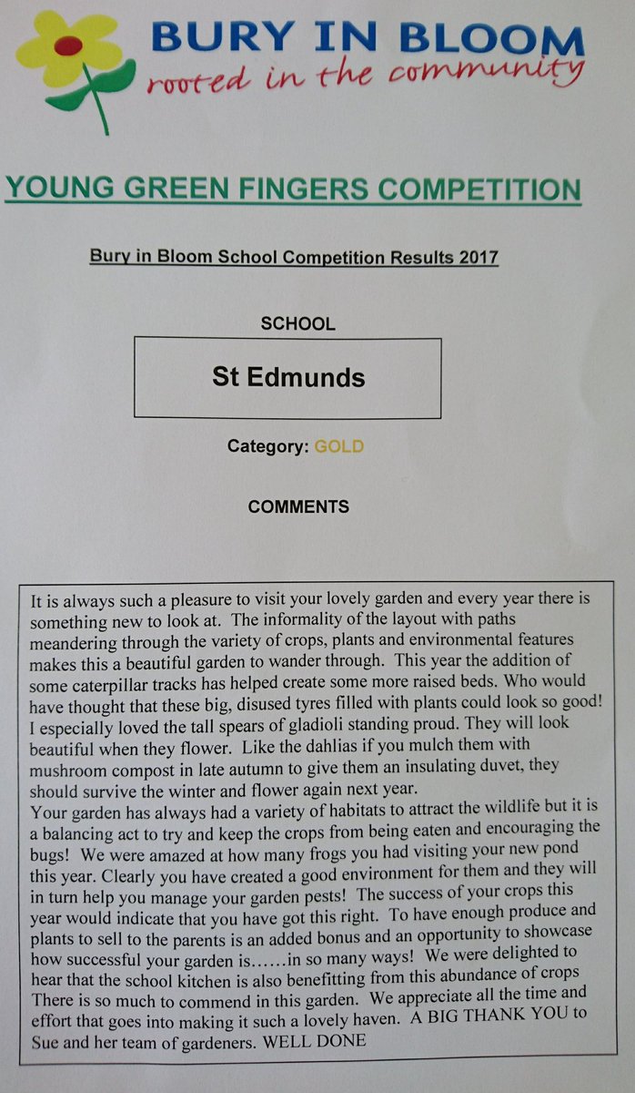 StEds_ip33's tweet photo. We were delighted with the feedback that we received from the Bury in Bloom judges this year. Another Gold to add to our collection! https://t.co/Zdoo5KU48E