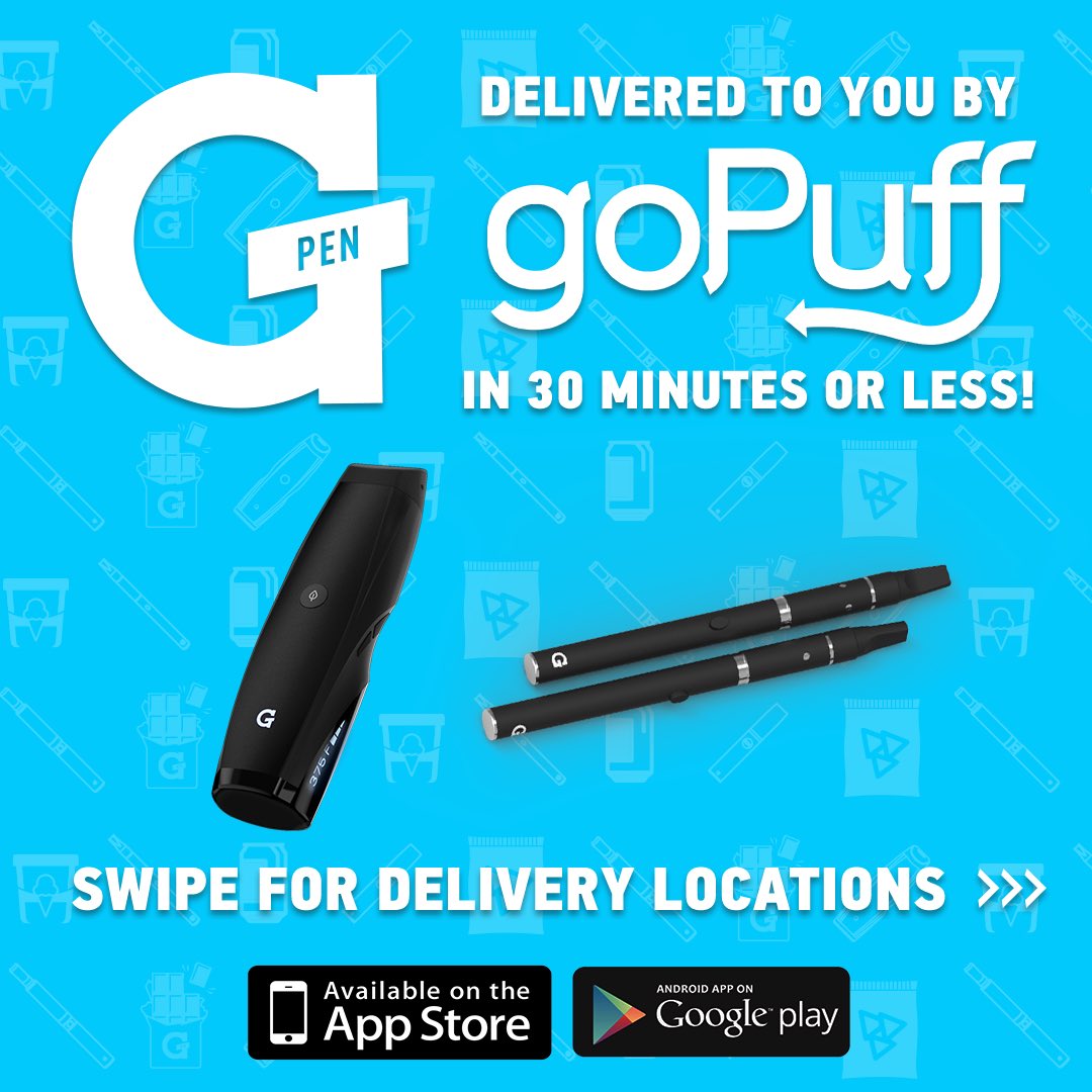GPen's tweet photo. We partnered with @goPuff to deliver #GPens to you in under 30 minutes. Get munchies and our entire product line. Available in select cities https://t.co/S7ZR8ol3Im