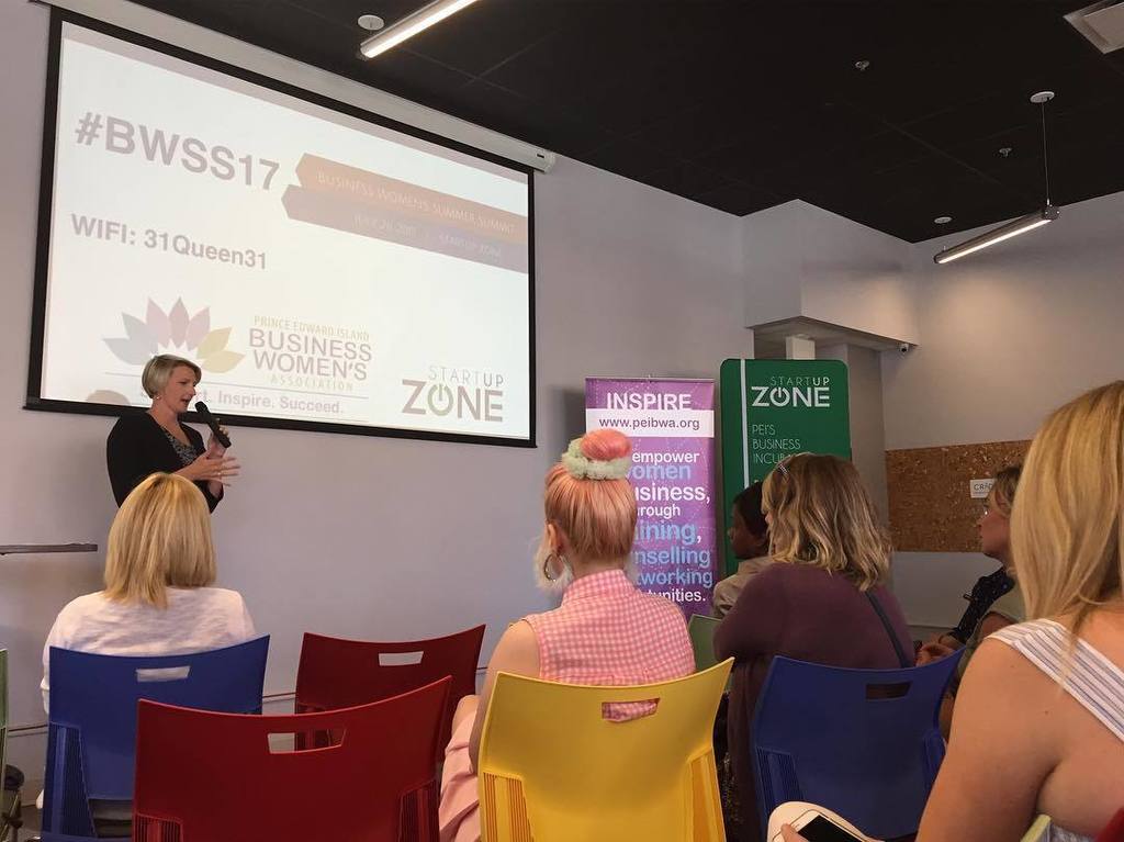 PEIBWA's tweet photo. Stephanie Andrews talking work/life balance at #BWSS17 #PEI @startupzonepei https://t.co/gXUIbaM82l