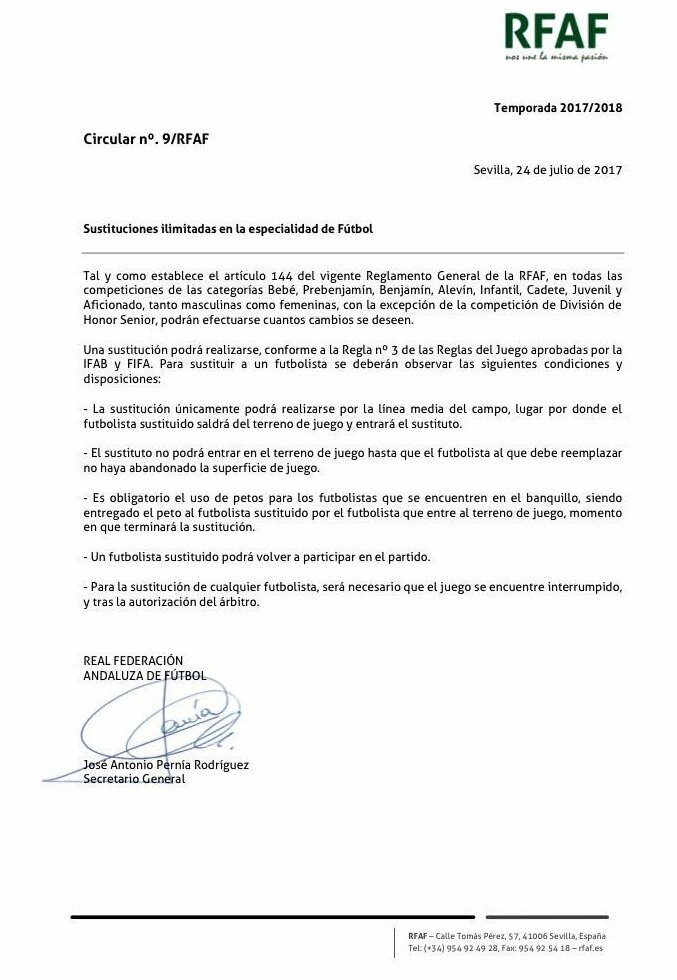 InfoPozoblanco's tweet photo. Rectificación en la circular N° 9 RFAF Relativa a los cambios volantes en último párrafo: necesario juego detenido y autorización árbitro https://t.co/o9gjlJLmnd