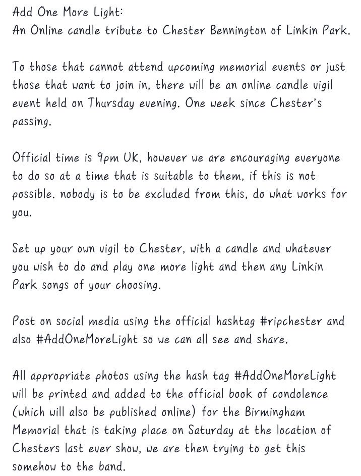 JelenaVoj's tweet photo. Please RT it
@LPLive @LPAssociation @LPFanCorner
#AddOneMoreLight #RIPChester https://t.co/v1Aw9OLxpu