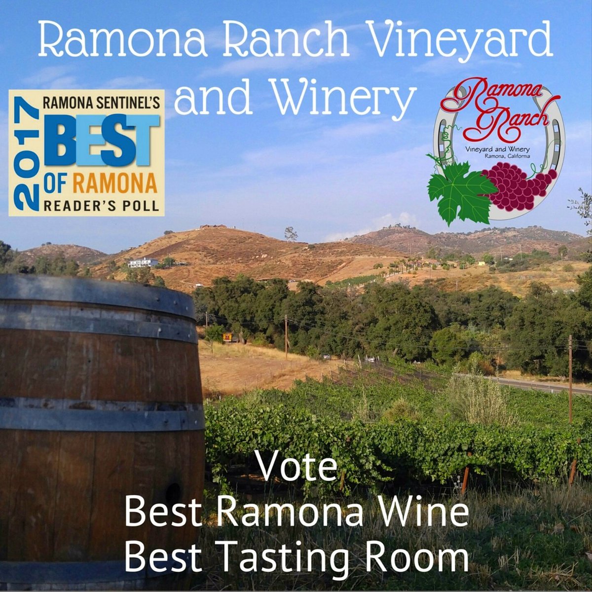ramonaranch's tweet photo. We've been nominated for Best Ramona Wine and Best Tasting Room! Vote once a day at https://t.co/wHttEQjGw4 #SanDiego #winetasting https://t.co/JibLFRM1Kb